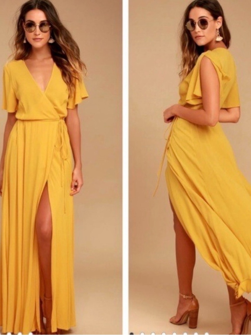 Lulu's Mustard Yellow Wrap Maxi Dress